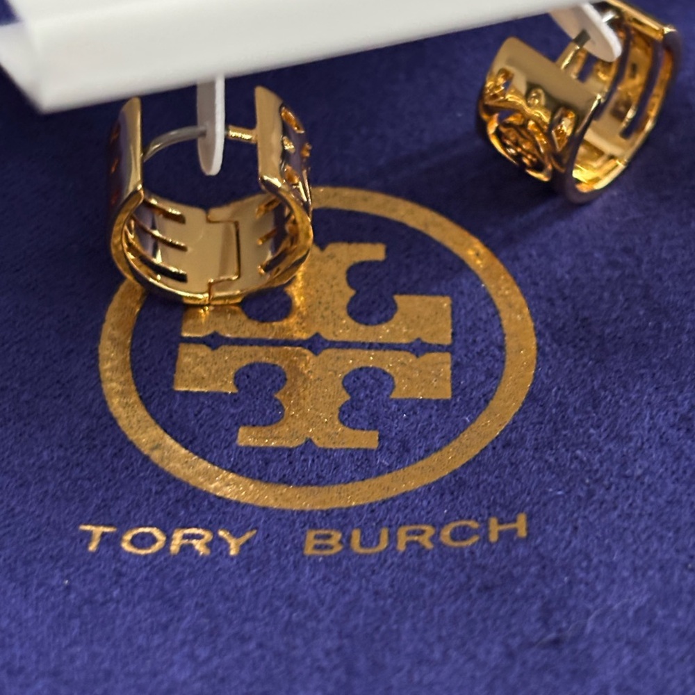 Tory Burch Polished Gold Logo Hoop Cuff Earrings